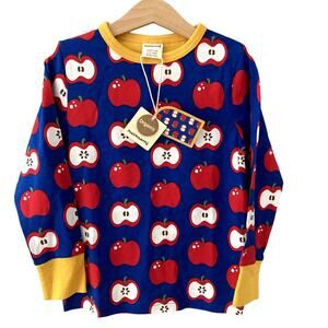 Maxomorra NEW Long Sleeve Farm Apple Tee - Blue Red Yellow - 4-5